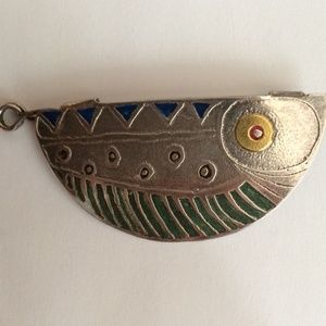 Unique Sterling Silver Handmade Painted Brooch with 18K God Eye